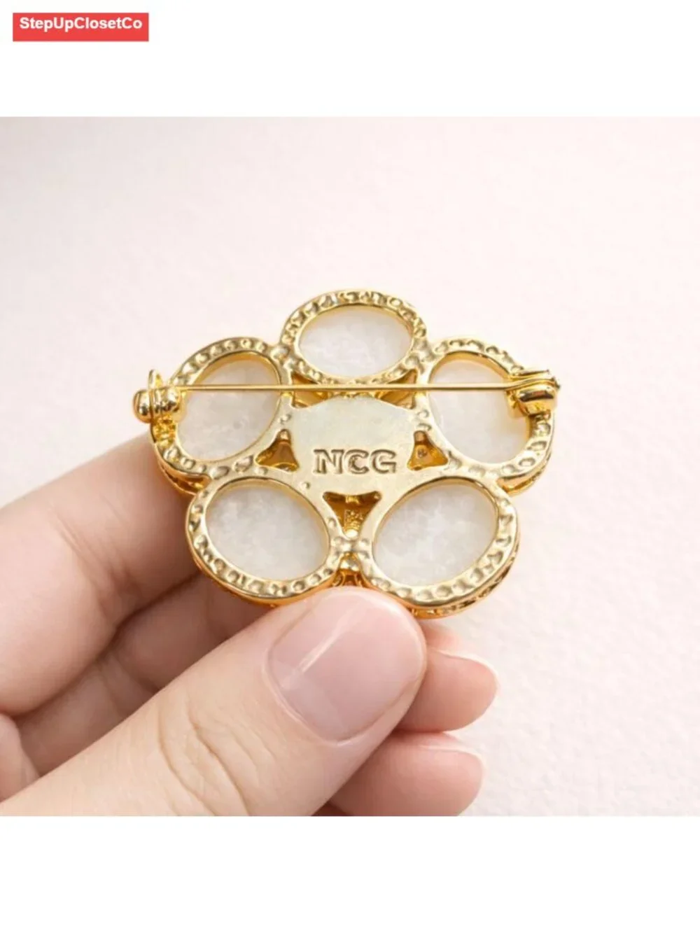 Luxury Copper & Natural Seashell Camellia Brooch Floral Pin